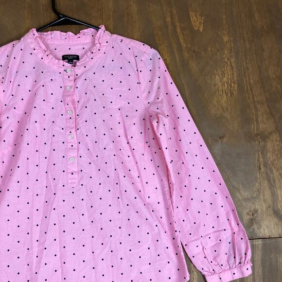 Talbots Womens Blouse Pink Black Polka Dot Ruffle Neck Long Sleeve Petite - Picture 5 of 12